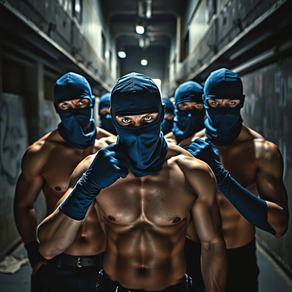 A thrilling scene featuring a group of male thieves with striking blue eyes, all without shirts, flaunting their muscular physiques