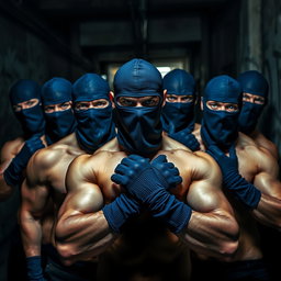 A thrilling scene featuring a group of male thieves with striking blue eyes, all without shirts, flaunting their muscular physiques