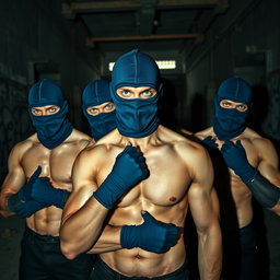 A thrilling scene featuring a group of male thieves with striking blue eyes, all without shirts, flaunting their muscular physiques