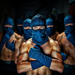 A thrilling scene featuring a group of male thieves with striking blue eyes, all without shirts, showcasing their athletic builds