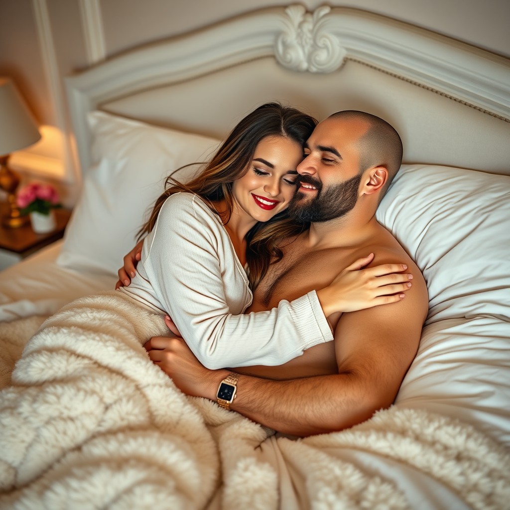 A cozy and intimate scene featuring a petite brunette woman cuddling in bed with a bearded bald man