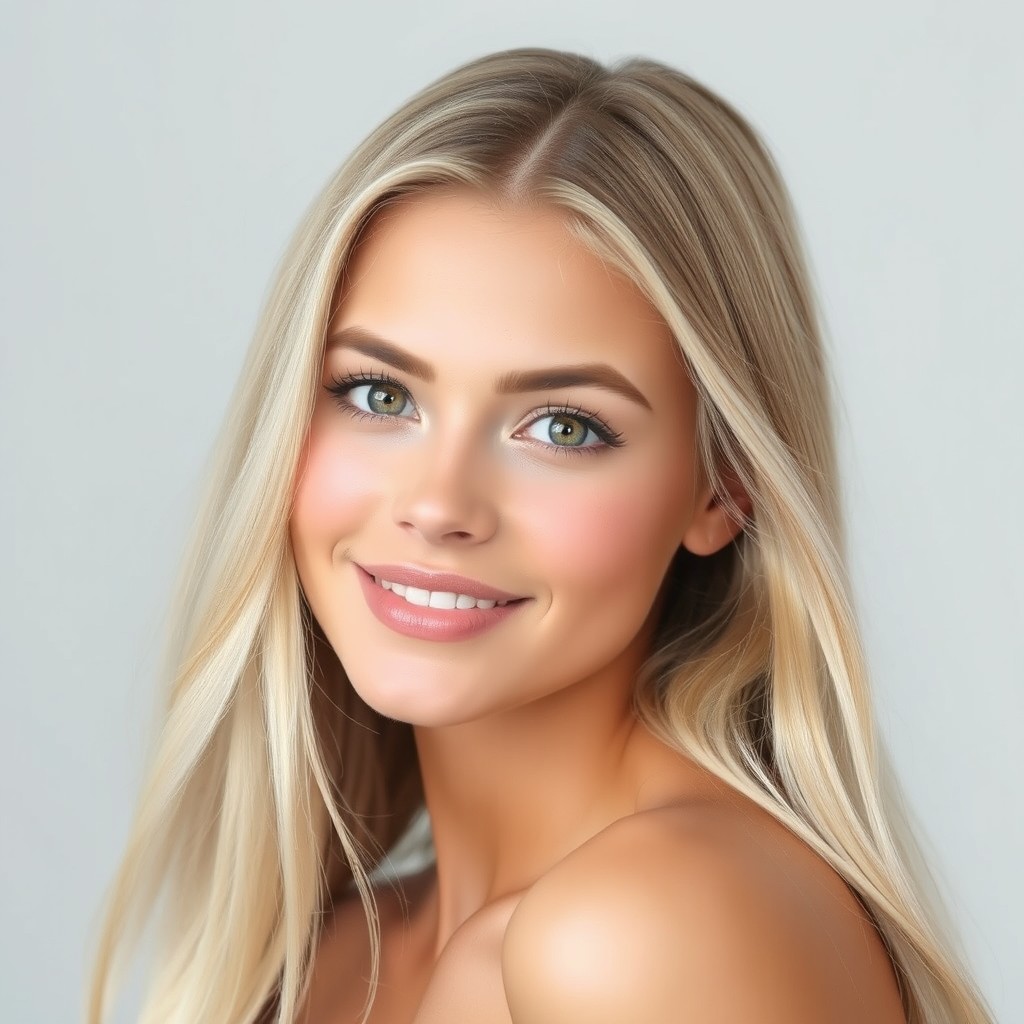 A portrait of a pretty young blonde woman with striking black eyes, showcasing a long, flowing hairstyle