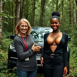 A luxury SUV parked in the middle of an abandoned, dense forest