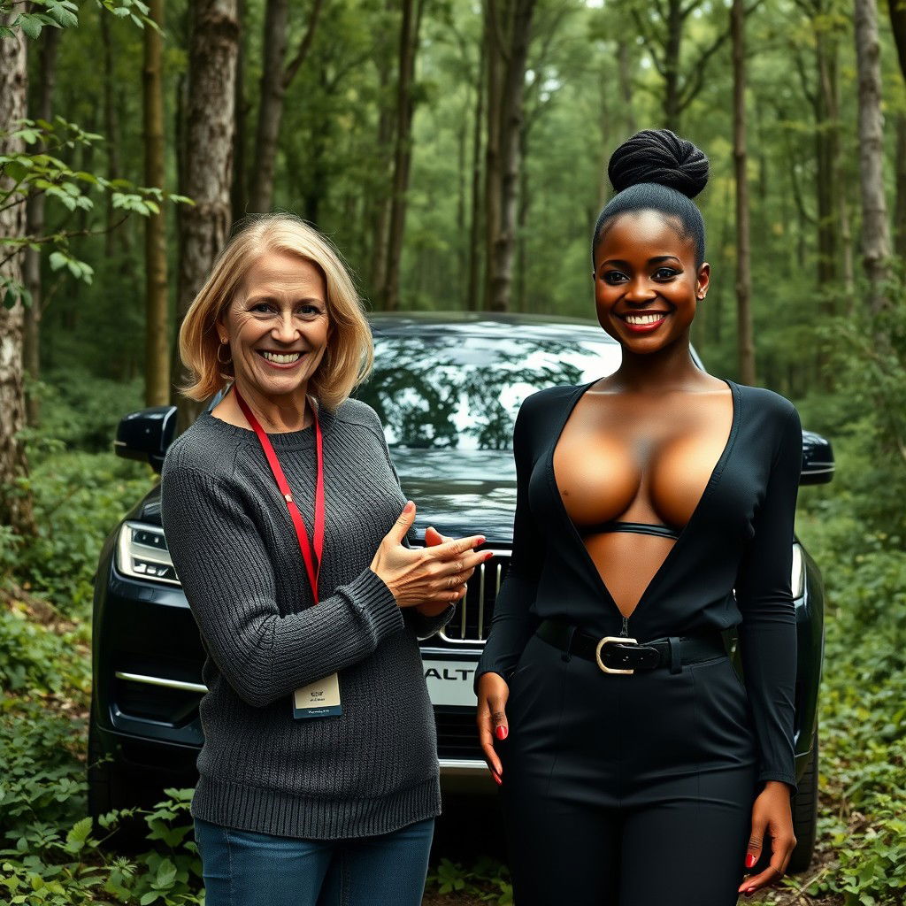 A luxury SUV parked in the middle of an abandoned, dense forest