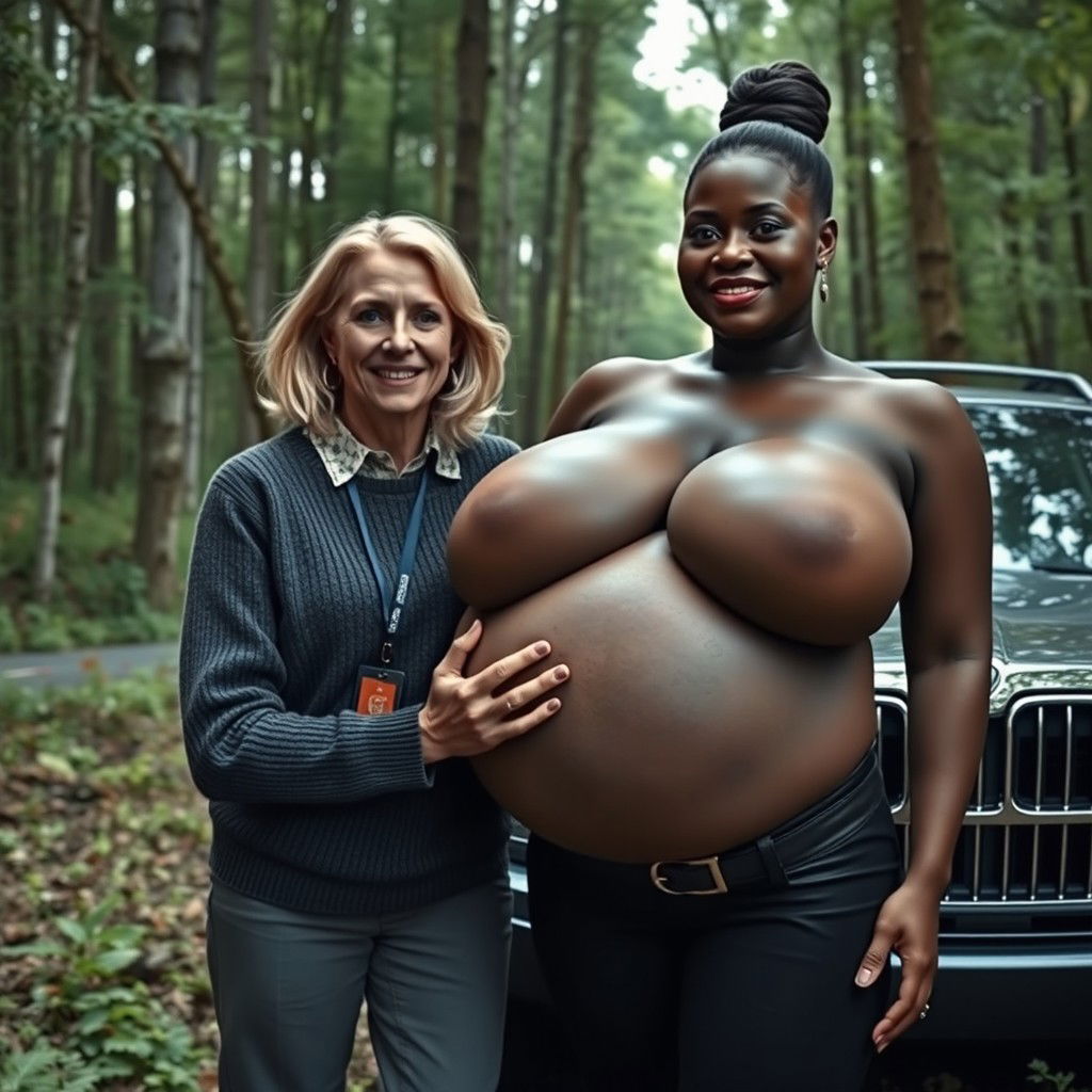 A luxury SUV parked in the middle of an abandoned, dense forest