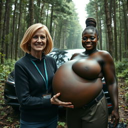 A luxury SUV parked in the middle of an abandoned, dense forest
