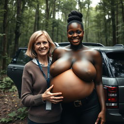 A luxury SUV parked in the middle of an abandoned, dense forest