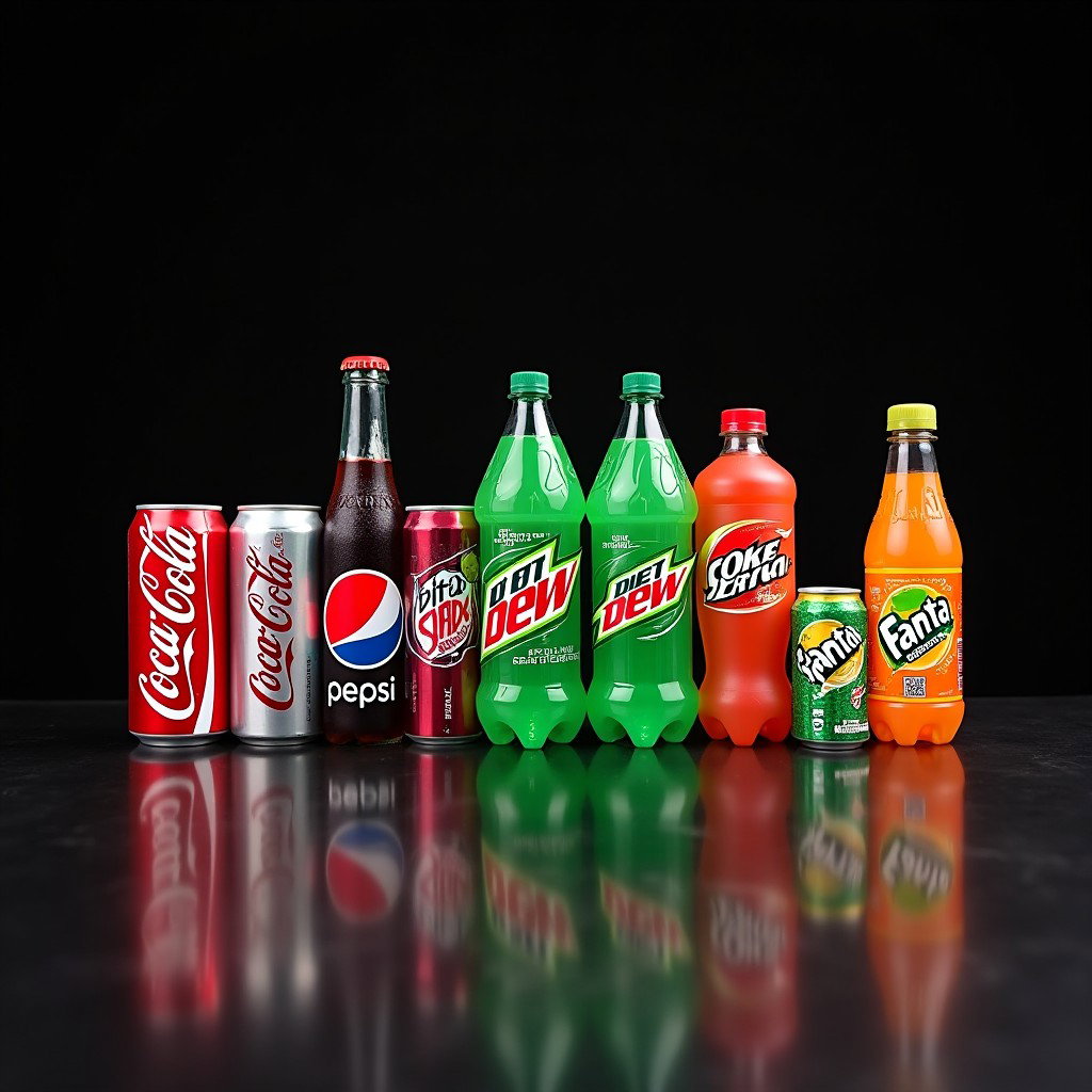 A visually appealing display featuring an assortment of popular soft drinks including Coca-Cola, Pepsi, Diet Coke, Dr Pepper, Mountain Dew, Sprite, Diet Pepsi, Coke Zero, Fanta, and Diet Mountain Dew