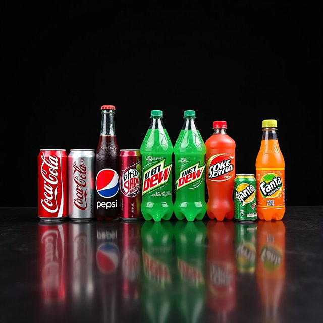 A visually appealing display featuring an assortment of popular soft drinks including Coca-Cola, Pepsi, Diet Coke, Dr Pepper, Mountain Dew, Sprite, Diet Pepsi, Coke Zero, Fanta, and Diet Mountain Dew