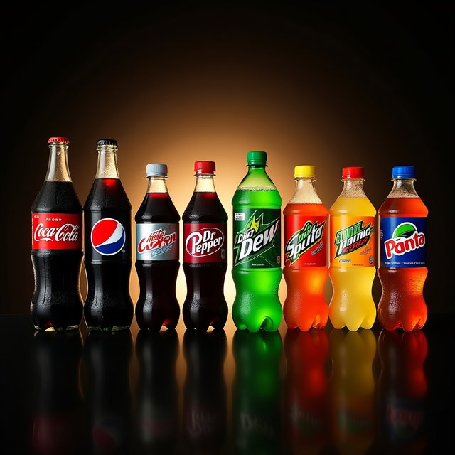 A striking arrangement of various soft drink bottles, specifically Coca-Cola, Pepsi, Diet Coke, Dr Pepper, Mountain Dew, Sprite, Diet Pepsi, Coke Zero, Fanta, and Diet Mountain Dew, all lined up side by side
