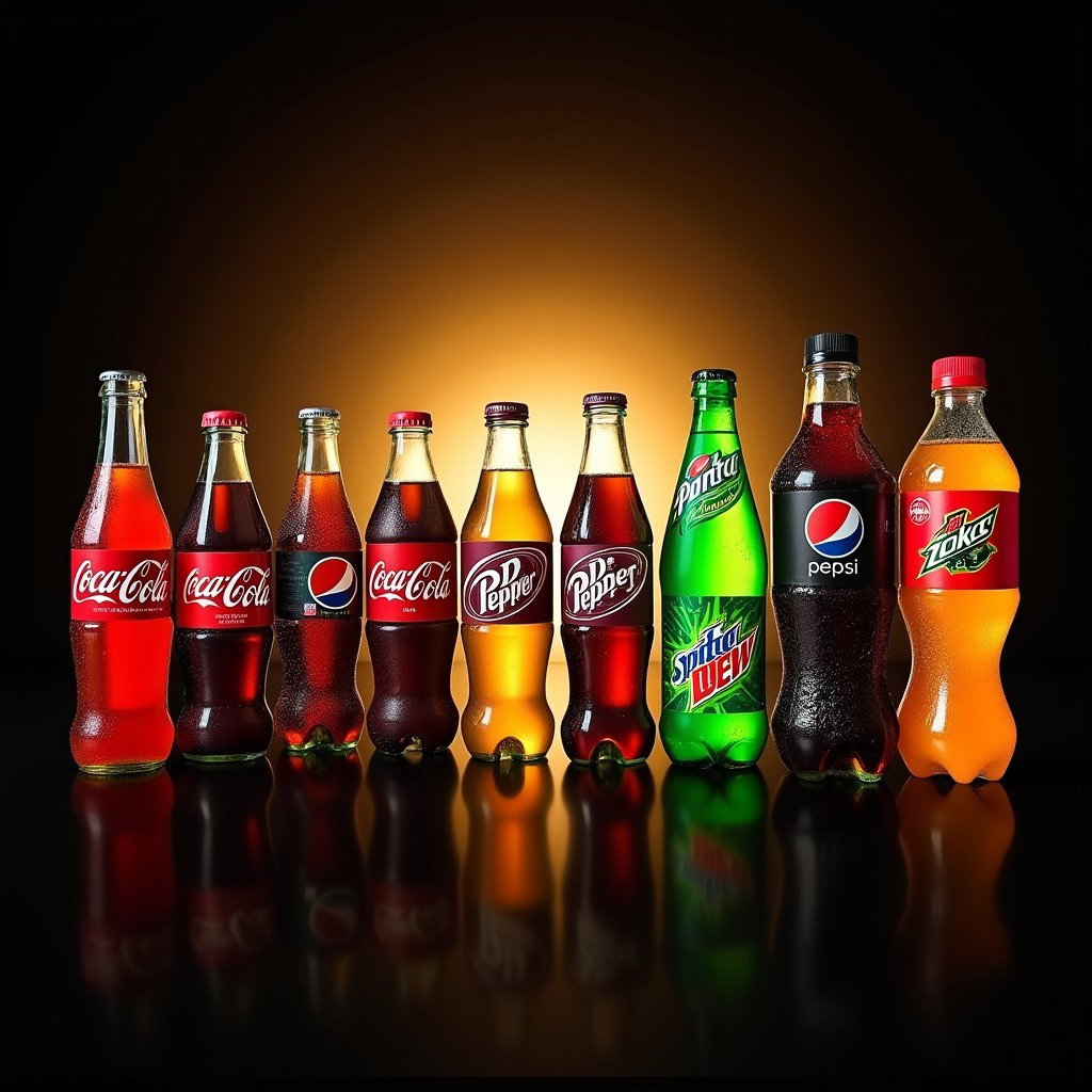 An enticing display of ten iconic soft drink bottles arranged in a row on a sleek black background