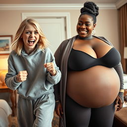 Inside a hotel room, a young, wild, and slightly malnourished blonde woman, around 20 years old with medium-length blonde hair, big blue eyes, is in a desperate fighting stance