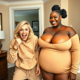 Inside a hotel room, a young, wild, and slightly malnourished blonde woman, around 20 years old with medium-length blonde hair, big blue eyes, is in a desperate fighting stance