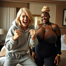 Inside a hotel room, a young, wild, and slightly malnourished blonde woman, around 20 years old with medium-length blonde hair, big blue eyes, is in a desperate fighting stance