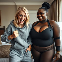 Inside a hotel room, a young, wild, and slightly malnourished blonde woman, around 20 years old with medium-length blonde hair, big blue eyes, is in a desperate fighting stance