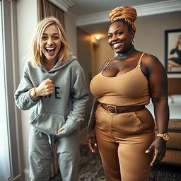 Inside a hotel room, a young, wild and slightly malnourished blonde woman, around 20 years old with medium-length blonde hair, big blue eyes, is in a desperate fighting stance