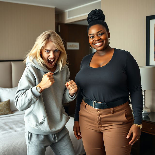 Inside a hotel room, a young, wild and slightly malnourished blonde woman, around 20 years old with medium-length blonde hair, big blue eyes, is in a desperate fighting stance