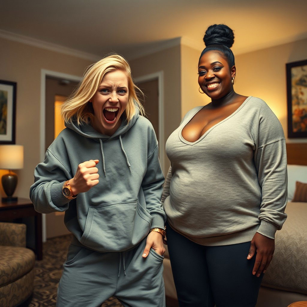 Inside a hotel room, a young, wild, and slightly malnourished blonde woman, around 20 years old with medium-length blonde hair and big blue eyes, is in a desperate fighting stance