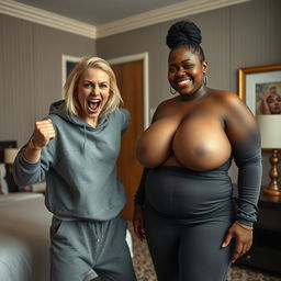 Inside a hotel room, a young, wild, and slightly malnourished blonde woman, around 20 years old with medium-length blonde hair and big blue eyes, is in a desperate fighting stance