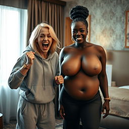 Inside a hotel room, a young, wild, and slightly malnourished blonde woman, around 20 years old with medium-length blonde hair and big blue eyes, is in a desperate fighting stance