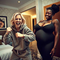 Inside a hotel room, a young, wild, and slightly malnourished blonde woman, around 20 years old with medium-length blonde hair and big blue eyes, is in a desperate fighting stance