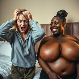 In a hotel room, portray a scene featuring a 22-year-old malnourished blonde woman with blue eyes, looking desperate with her hands on her head