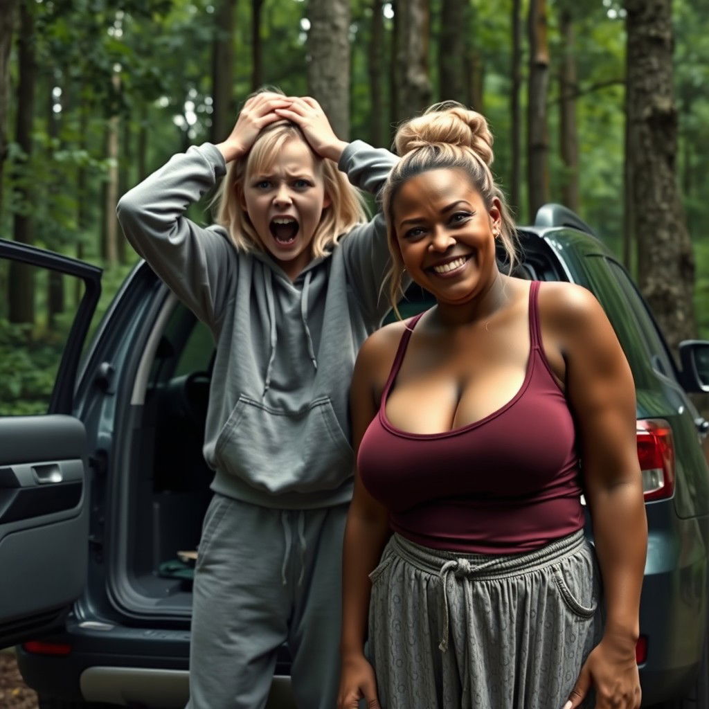 Beside an SUV in a dense forest, illustrate a scene featuring a 22-year-old malnourished blonde woman with blue eyes, standing with her hands on her head in a state of desperation
