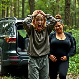 Beside an SUV in a dense forest, illustrate a scene featuring a 22-year-old malnourished blonde woman with blue eyes, standing with her hands on her head in a state of desperation