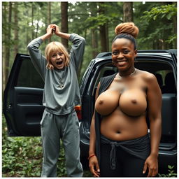 Beside an SUV in a dense forest, illustrate a scene featuring a 22-year-old malnourished blonde woman with blue eyes, standing with her hands on her head in a state of desperation