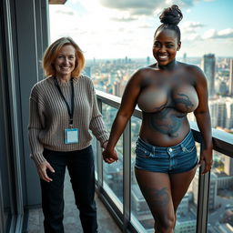 On the balcony of a high-rise suite, a vibrant scene captures two women