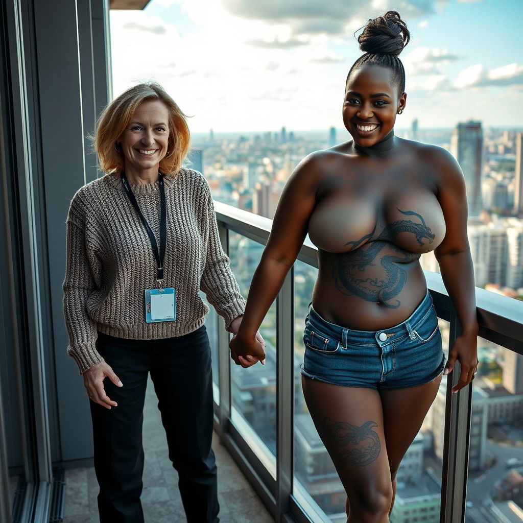 On the balcony of a high-rise suite, a vibrant scene captures two women