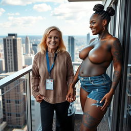 On the balcony of a high-rise suite, a vibrant scene captures two women