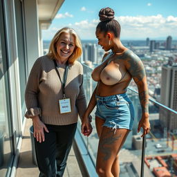 On the balcony of a high-rise suite, a vibrant scene captures two women