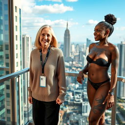 On the balcony of a high-rise suite, a vibrant scene unfolds with two women