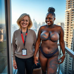 On the balcony of a high-rise suite, a vibrant scene unfolds with two women