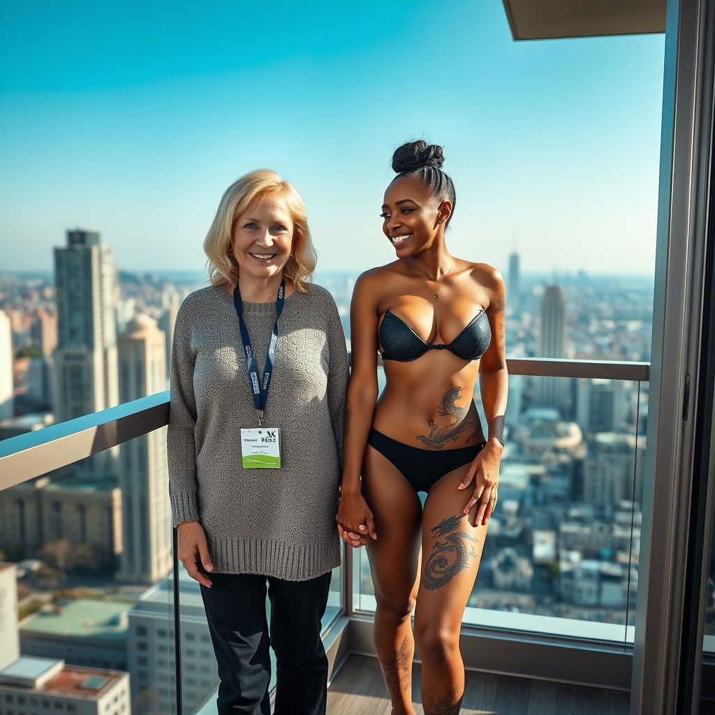 On the balcony of a high-rise suite, a vibrant and joyful scene unfolds featuring two women