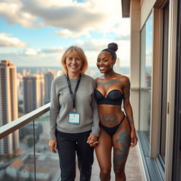 On the balcony of a high-rise suite, a vibrant and joyful scene unfolds featuring two women