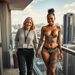 On the balcony of a high-rise suite, a vibrant and joyful scene unfolds featuring two women