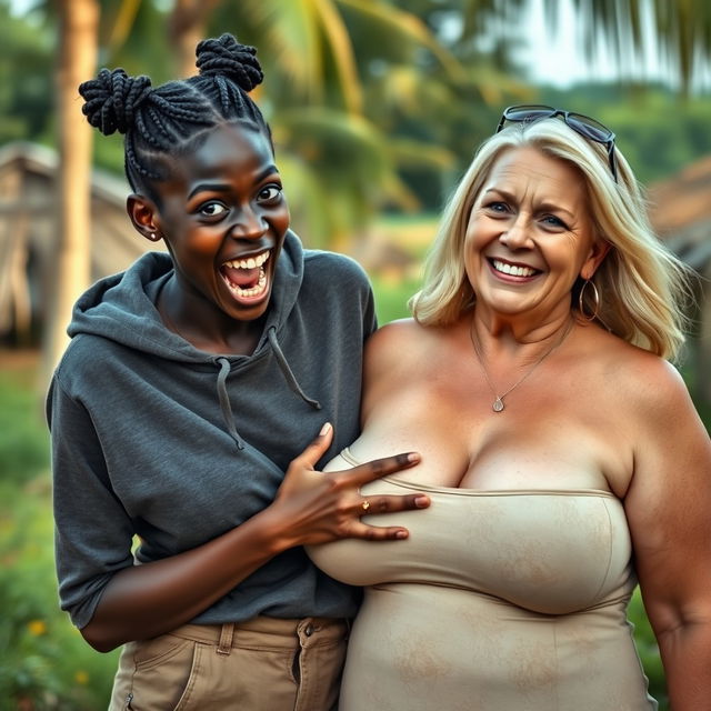 In an African village, a 19-year-old very slim, black-skinned young woman with a wild expression holds the breasts of an extremely tall, voluptuous blonde woman in her 60s