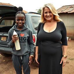 Next to an SUV in a poor yard of an African village, a very dark-skinned, malnourished 25-year-old African woman is holding a baby bottle