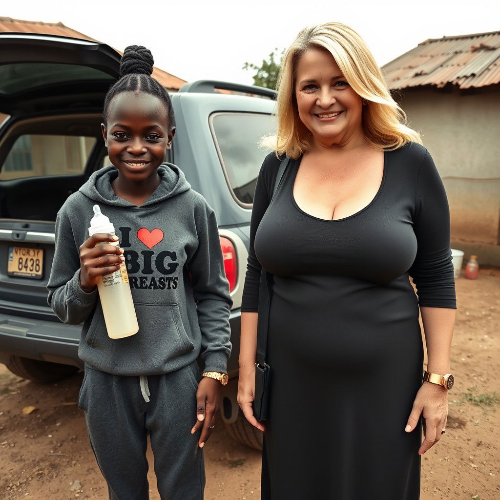 Next to an SUV in a poor yard of an African village, a very dark-skinned, malnourished 25-year-old African woman is holding a baby bottle