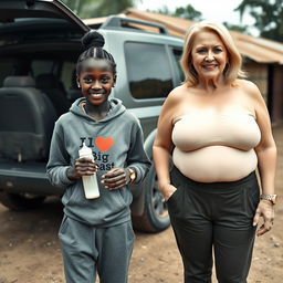 Next to an SUV in a poor yard of an African village, a very dark-skinned, malnourished 25-year-old African woman is holding a baby bottle