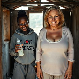 Inside an old abandoned shack, a very dark-skinned, malnourished 25-year-old African woman holds a baby bottle