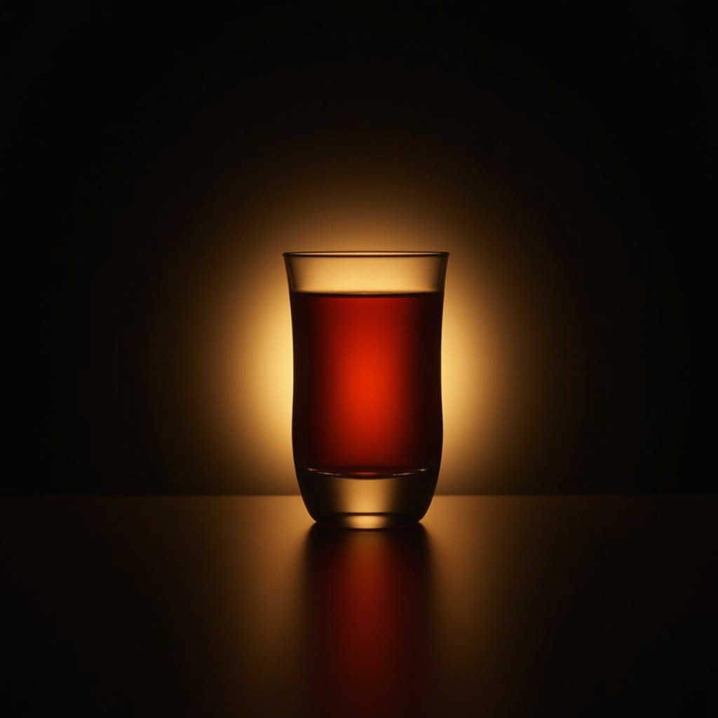 A serene and elegant display featuring a glass of tea placed against a deep black background