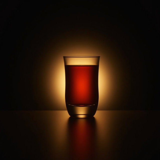 A serene and elegant display featuring a glass of tea placed against a deep black background