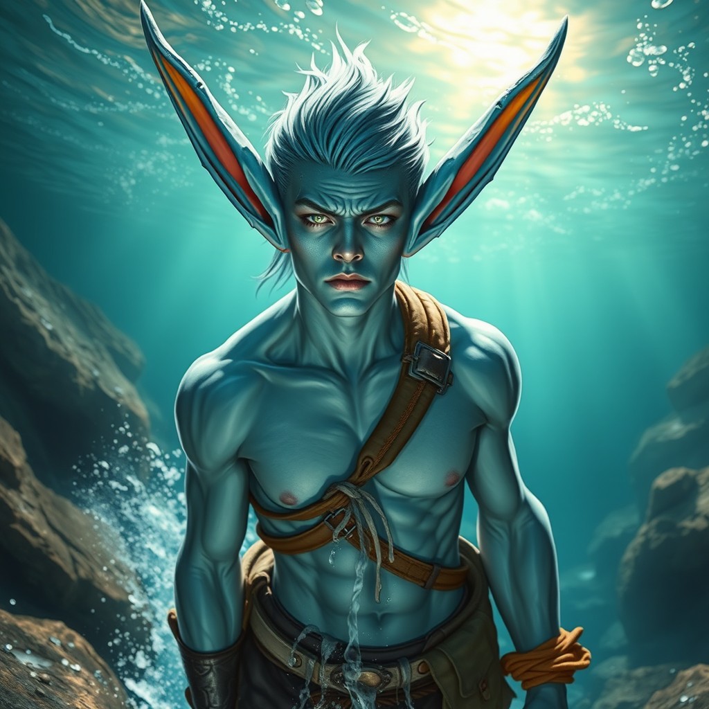 A handsome male sea elf ranger wizard emerging from the sea, showcasing enchanting blue skin and elaborate fish-like ears