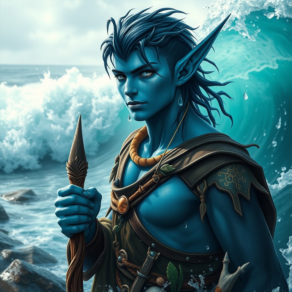 A handsome male sea elf ranger wizard emerging from the ocean waves, showing off his stunning blue skin and elegant fish-like ears