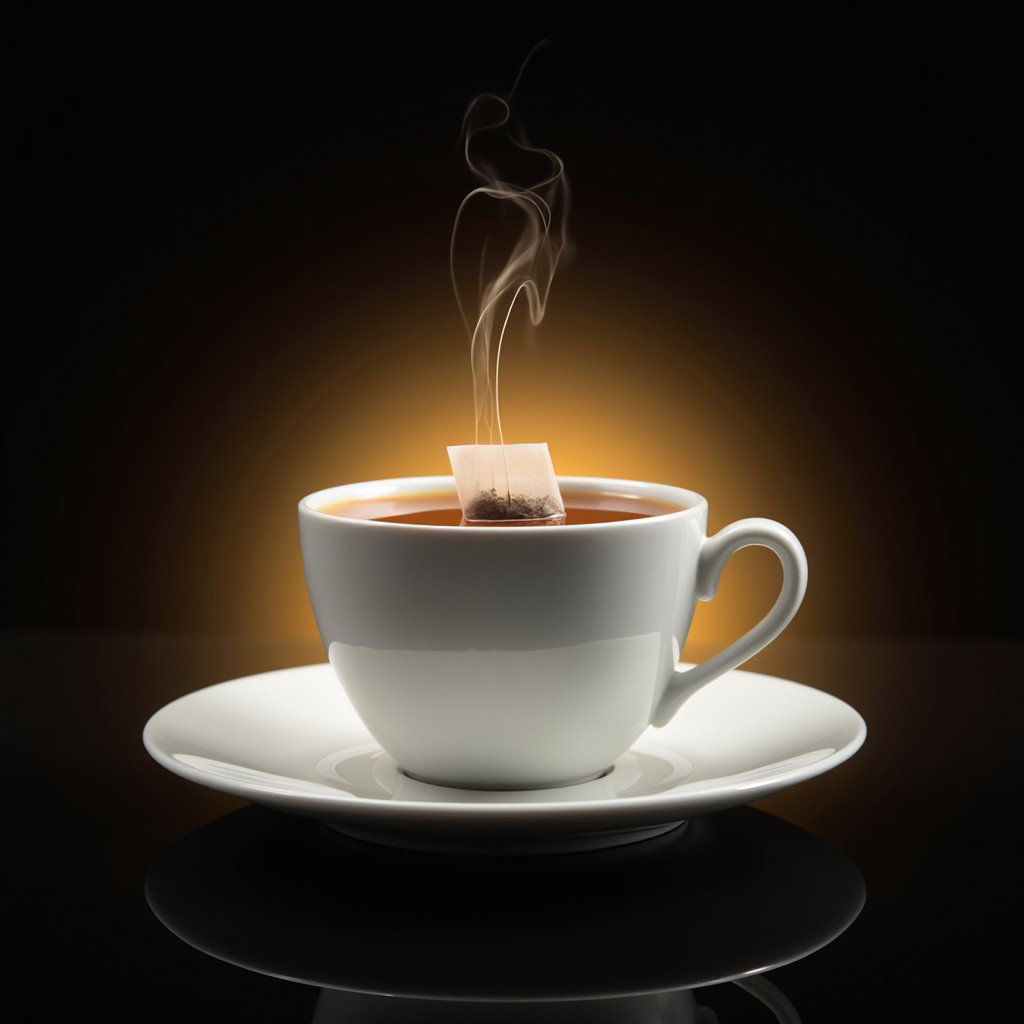 A serene composition featuring a white tea cup filled with brewed tea, prominently displaying a visible tea bag