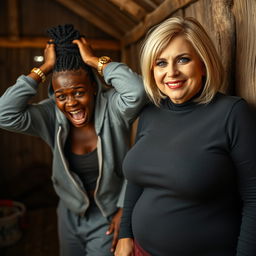 In a poor cabin located in an African village, a young black woman, 25 years old with very dark skin, is depicted in a frantic pose with her hands on her head, screaming wide-eyed
