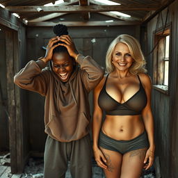 Inside an abandoned, rundown shack, a young black woman, 25 years old with very dark skin, is depicted in a state of desperation with her hands on her head, mouth agape in a wild scream